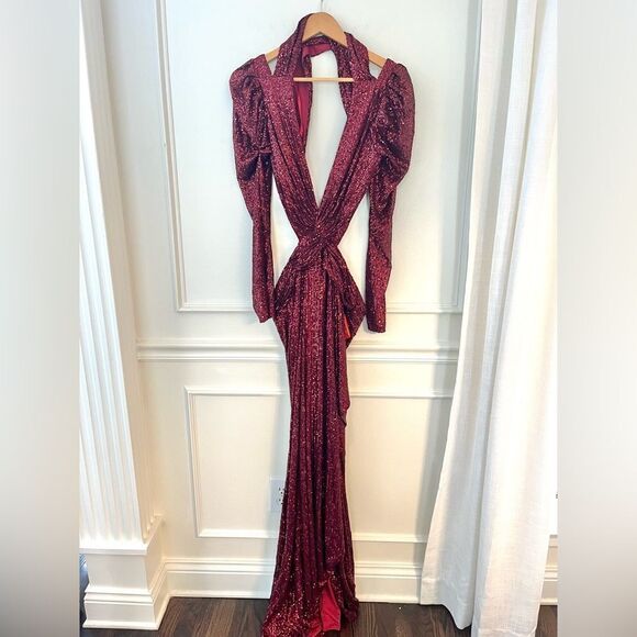 Ieena Mac Duggal Sequined Criss Cross Long Sleeve Maxi Gown in Red Sz 10 NWT - Picture 4 of 13